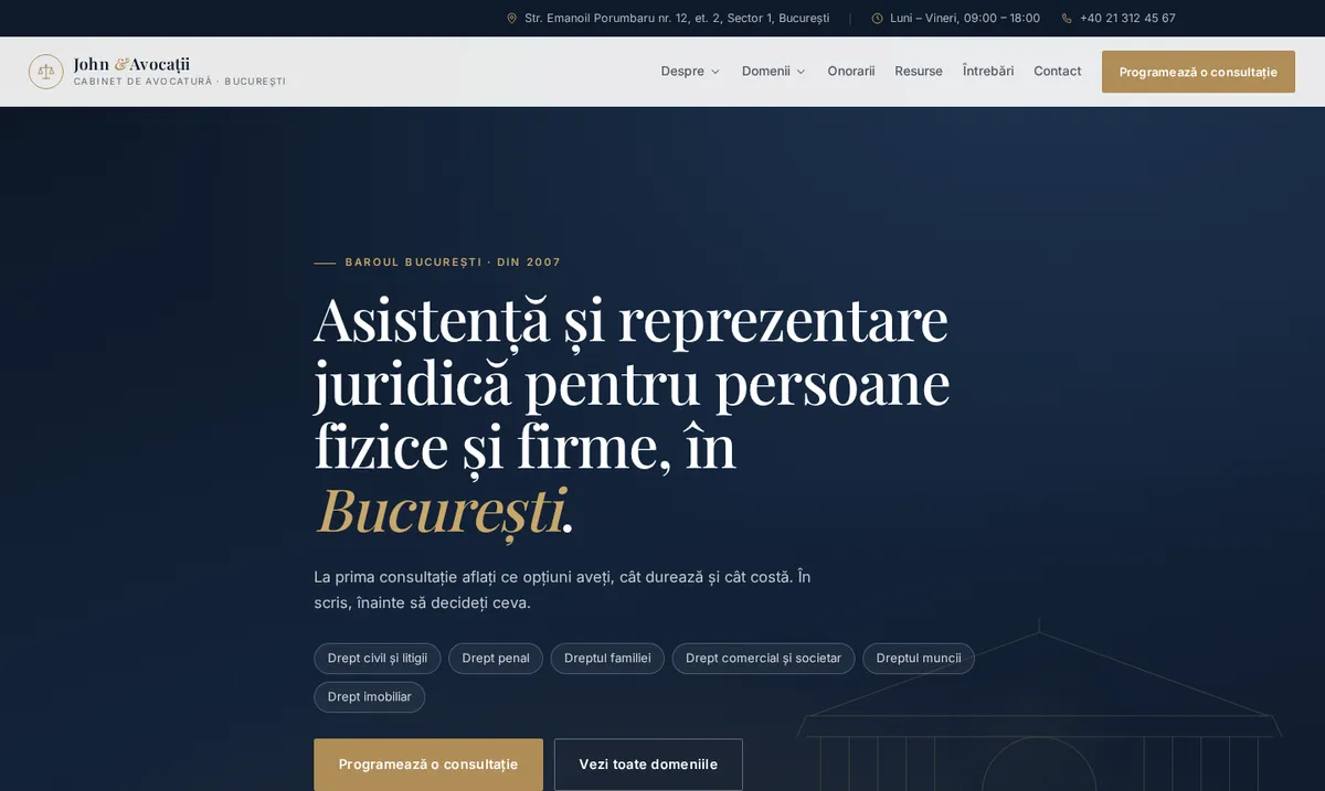 Captură din site-ul demo al cabinetului de avocatură John & Avocații