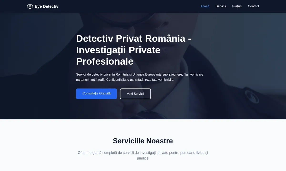 Captură din pagina principală a site-ului Eye Detectiv