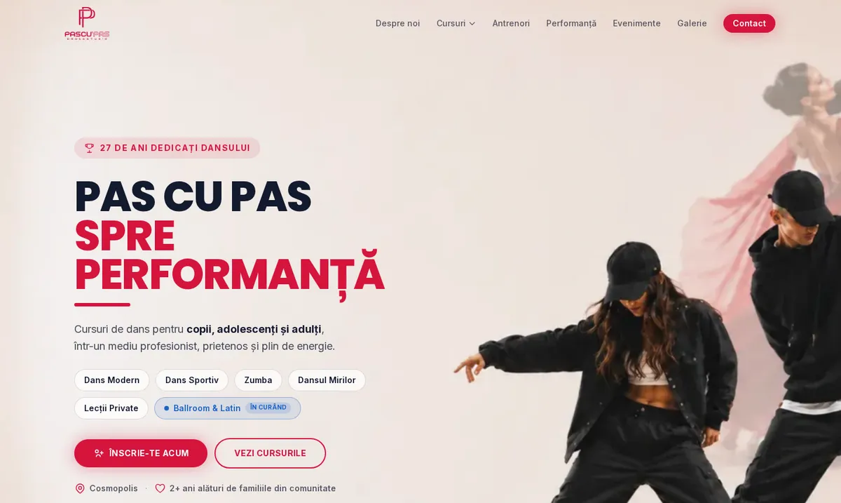 Captură din pagina principală a site-ului Pascu'Pas Dance Studio